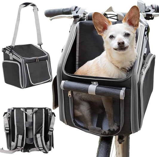 Dog Bike Basket, Mesh Windows, 2 Safety Leashes, Soft Sided, Safe Comfortable Pet Carrier for Small Dogs, Cats (Black)