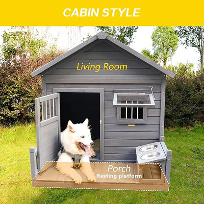 Open Waterproof Asphalt Roof Large Dogs House with Spacious Terrace,Outdoor Dog Kennel W/Small Wooden Door,Breathable Window & 2 Feeding Stainless Bowls,Fir Wood Dog Cage for Large Dogs,Gray