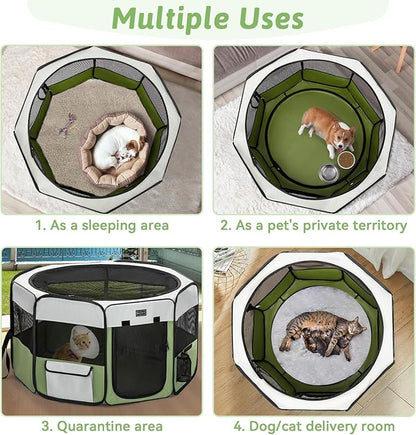 PETSFIT Portable Dog Playpen, 29" Dia Puppy Playpen with Zipper Removable Mesh Top Cover and Leakproof Playpen Bottom Mat-Cat Playpen Indoor/Outdoor for Cats,Dogs&Small Animals