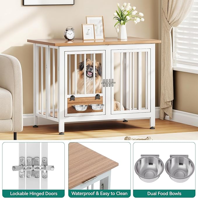 YITAHOME 33" Foldable Dog Crate Furniture, Portable Wooden Kennel End Table with Adjustable Feet & 360° Rotatable Bowls, Perfect for Small to Medium Dogs, Brown