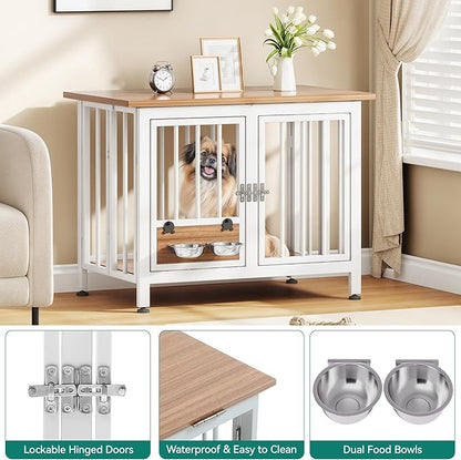 YITAHOME 33" Foldable Dog Crate Furniture, Portable Wooden Kennel End Table with Adjustable Feet & 360° Rotatable Bowls, Perfect for Small to Medium Dogs, Brown