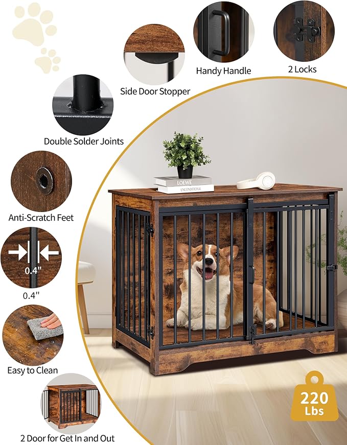 Dog Crate Furniture, 32" Double Door Dog Crate with Barn Door, Dog Kennel Indoor, End Side Table Wooden Dog Crates for Small Medium Large Dogs, Anti-Chew Anti-Escape, Rustic Brown DFC83601B
