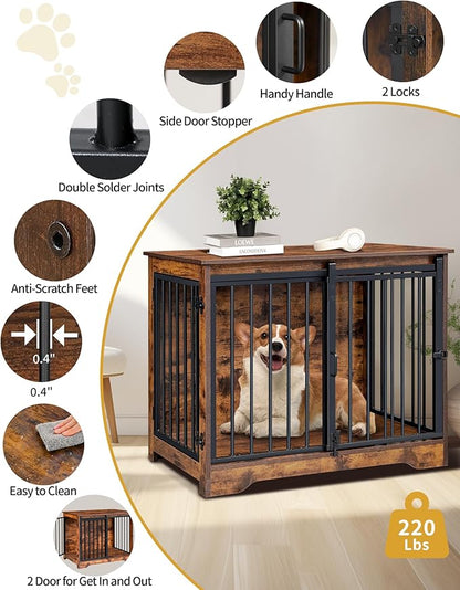 Dog Crate Furniture, 32" Double Door Dog Crate with Barn Door, Dog Kennel Indoor, End Side Table Wooden Dog Crates for Small Medium Large Dogs, Anti-Chew Anti-Escape, Rustic Brown DFC83601B