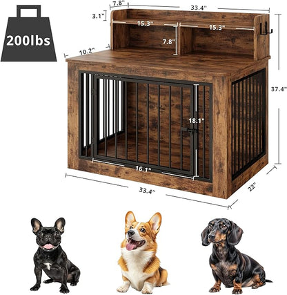 IRONCK Dog Crate Furniture, 33.4 inches Wooden Small Dog Crate with Storage and 4 Hooks, Heavy Duty Pet Crate for Small Dog, Decorative Pet Cage for Indoor (22" L x 33.4" W x 37.4" H)