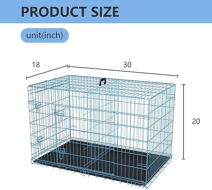 FDW 30 inch Dog Crate Dog Kennel Cage with Double Door Folding Metal Wire Dog Cage with Removable Tray&Divider Panel,Pet Crate for Medium Dogs,Blue