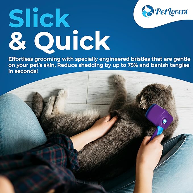 PetLovers EzSlicker Self-Cleaning Brush - Dog Brush for Shedding, Gentle Slicker Brush for Cats, Tangle-Free Grooming Comb with Soft Bristles & Ergonomic Handle for Stress-Free Grooming