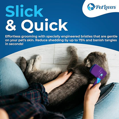 PetLovers EzSlicker Self-Cleaning Brush - Dog Brush for Shedding, Gentle Slicker Brush for Cats, Tangle-Free Grooming Comb with Soft Bristles & Ergonomic Handle for Stress-Free Grooming