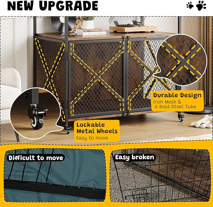 31 Inch Dog Crate Furniture, Heavy Duty Decorative Dog Cage with Lockable 360° Wheels, Double Door Dog Kennel End Table for for Small Medium Large Dog, Rustic Brown