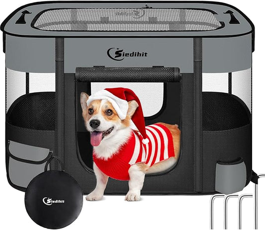 Dog Cat Playpen28/31/35in, Pet Puppy Portable Pens for Outdoor Travel Crate, Indoor After Surgery Use, Foldable Dog Kennel Tent for Rabbit or Small Animals and Tent Stakes (Dark Grey, Lagre)