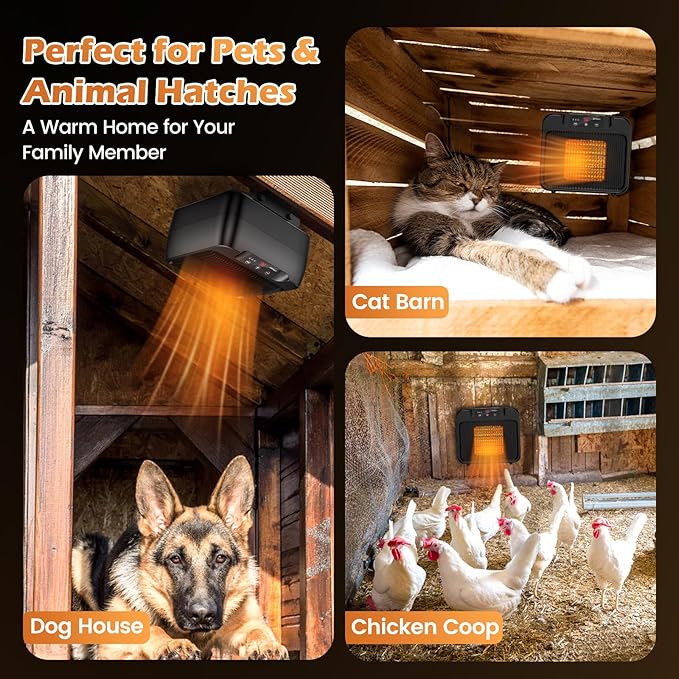Unique Design 600W Large Dog House Heater w Thermostat, Adjustable Temp & 3 Timer(2 4 8 H) Heating, Pet Heater for Outdoor Winter Insulated House w 6 Ft Anti Chew Cord, Won't Burn Pets Kennel Heater