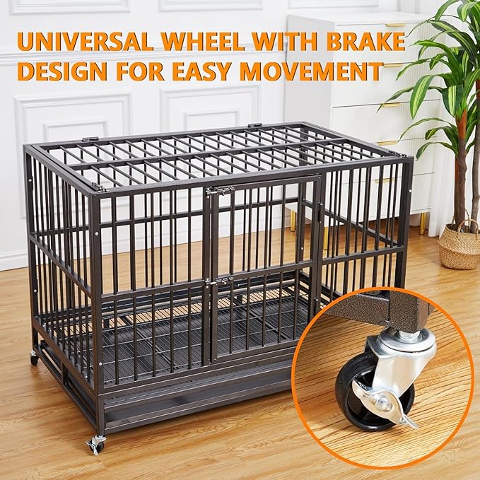 48 “ Heavy Duty Dog Crate, Cage Kennel with Wheels&Brakes, High Anxiety Indestructible, Sturdy Locks Design, Double Door and Removable Tray, for Large Pets