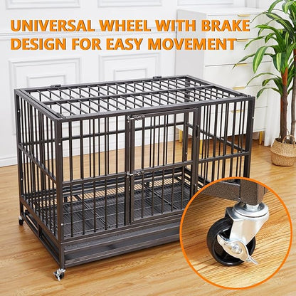 48 “ Heavy Duty Dog Crate, Cage Kennel with Wheels&Brakes, High Anxiety Indestructible, Sturdy Locks Design, Double Door and Removable Tray, for Large Pets