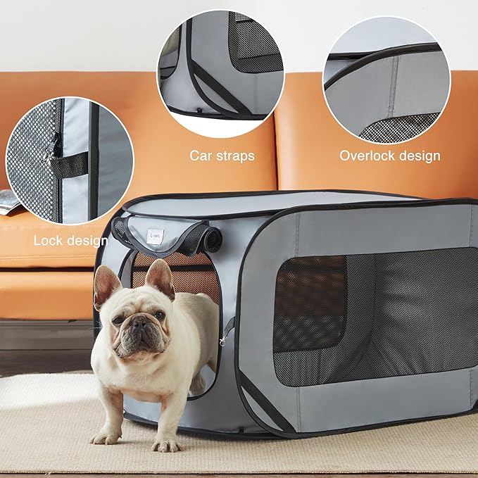 Love's cabin 44in Portable Large Dog Bed - Pop Up Dog Kennel, Indoor Outdoor Crate for Pets, Portable Car Seat Kennel, Cat Bed Collection, Grey