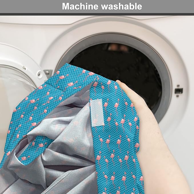 Lunarable Flamingo Dog Crate Cover, Tropical Romance Birds on Wavy Horizontal Stripes Hawaiian Love Doodle, Easy to Use Pet Kennel Cover for Medium Large Dogs, 36 Inch, Azure Blue and Coral