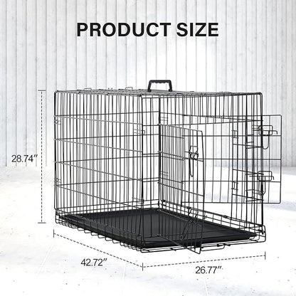 24/7 Shop at Home Gossamer Metal Double Door Folding Wire Pet Crate with Divider, Removable Tray, and Handle for Outdoor and Indoor Medium Dog, 42-inch, Black