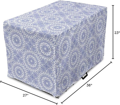 Lunarable Mandala Dog Crate Cover, Ceremonial Retro Minimal Far Eastern Pattern, Easy to Use Pet Kennel Cover for Medium Large Dogs, 36 Inch, Lavender Blue and White