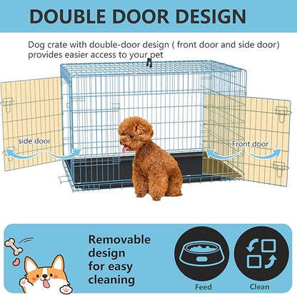 FDW Dog Crate Dog Kennel Cage with Double Door,36 inch Folding Metal Wire Dog Cage with Removable Tray&Divider Panel,Pet Crate for Medium Dogs,Blue