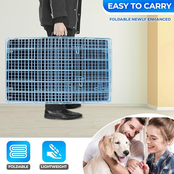 FDW Dog Crate for Large Dogs 48 Inch Folding Metal WirePet Cage Double Door W/Divider Panel Indoor Outdoor Kennel Leak-Proof Plastic Tray,Blue