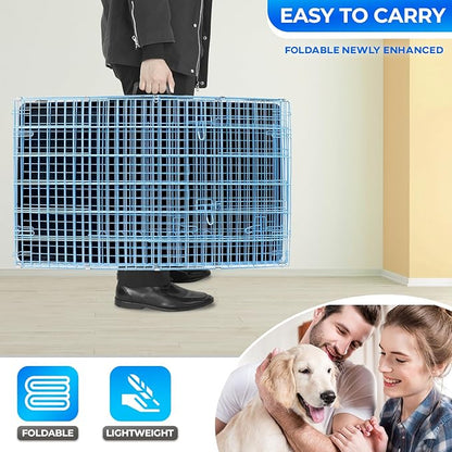 FDW Dog Crate for Large Dogs 48 Inch Folding Metal WirePet Cage Double Door W/Divider Panel Indoor Outdoor Kennel Leak-Proof Plastic Tray,Blue