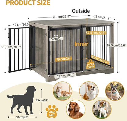 Dog Crate Furniture, 32" Double Door Dog Crate with Barn Door, Dog Kennel Indoor, End Side Table Wooden Dog Crates for Small Medium Large Dogs, Anti-Chew Anti-Escape, Greige DFC83605B