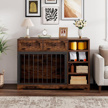 IDEALHOUSE 47” Large Dog Crate, Dog Kennel Indoor with 2 Drawers and 4 Shelves, Dog Crate Furniture TV Stand, Wooden Dog Cage for Medium Large Dogs, Brown