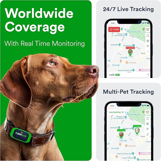 GPS Pet Tracker for Dogs by Petloc8 - Dog Tracker Fits on Your Pets Collar, Waterproof, Smart App Controllable Geofencing and Pet Location History - 3 Months Prepaid Subscription Included
