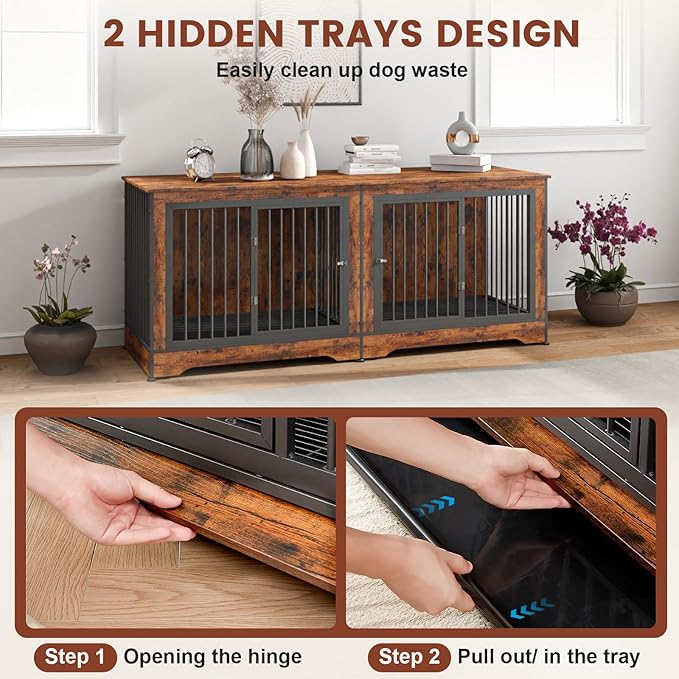 75 Inch Dog Crate Furniture, 3-in-1 Large Double Dog Crate with Trays and Divider, Doubled Dog Kennel Furniture Indoor, Dog Crate TV Stand for 2 Dogs (Brown)