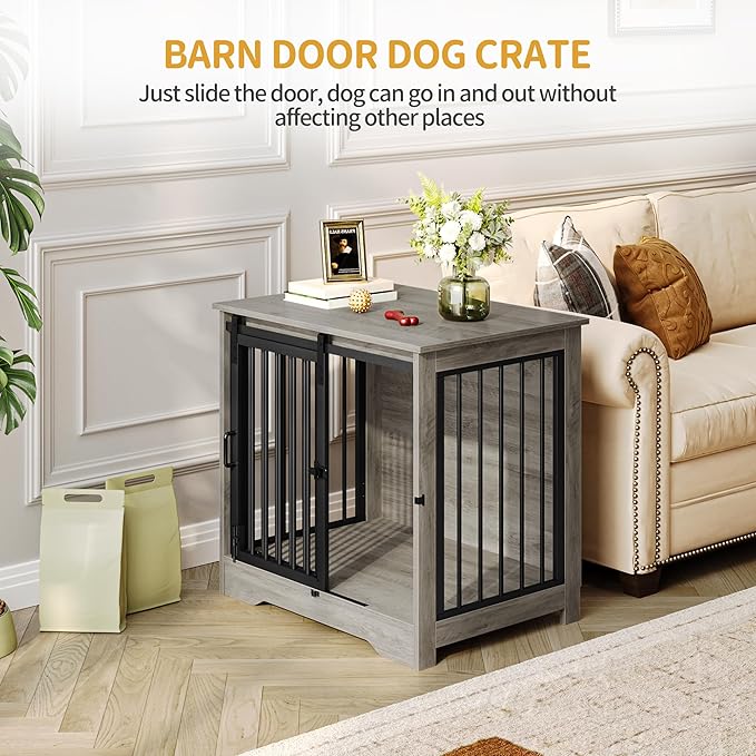 Dog Crate Furniture, 27.2" Double Door Dog Crate with Barn Door, Dog Kennel Indoor, End Side Table Wooden Dog Crate for Small Medium Dog, Anti-Chew Anti-Escape, Greige DFC84305B