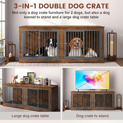 75 Inch Double Dog Crate Furniture, 3 in 1 Dog Cage for Large Dogs, Durable Brown TV Stand Dog Crate with Trays and Divider, Double Dog Kennel for 2 Dogs