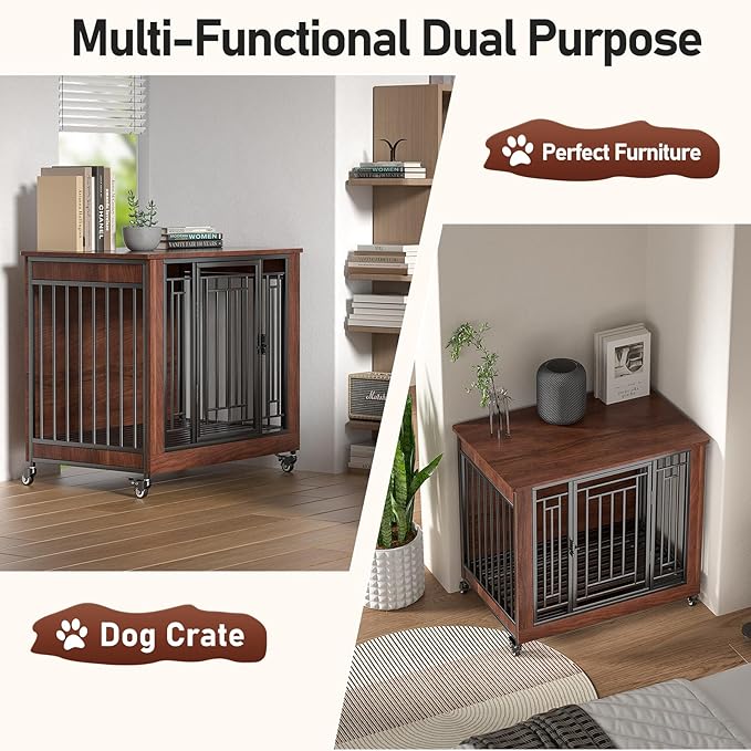 Dog Crate Furniture, 32" Dog Kennel Furniture, Small Dog Kennel Indoor, Dog Crates for Small Dogs, Wooden Dog Crate with Wheels, Tray, Feeding Window