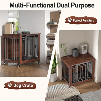 Dog Crate Furniture, 32" Dog Kennel Furniture, Small Dog Kennel Indoor, Dog Crates for Small Dogs, Wooden Dog Crate with Wheels, Tray, Feeding Window