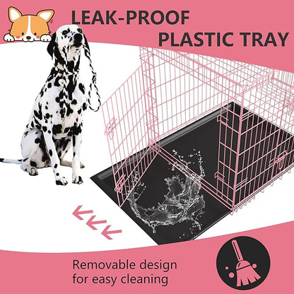 FDW Extra Large Dog Crate Dog Kennel Cage with Double Door,48 inch Folding Metal Wire Dog Cage with Removable Tray&Divider Panel,Pet Crate for Large Dogs,Pink