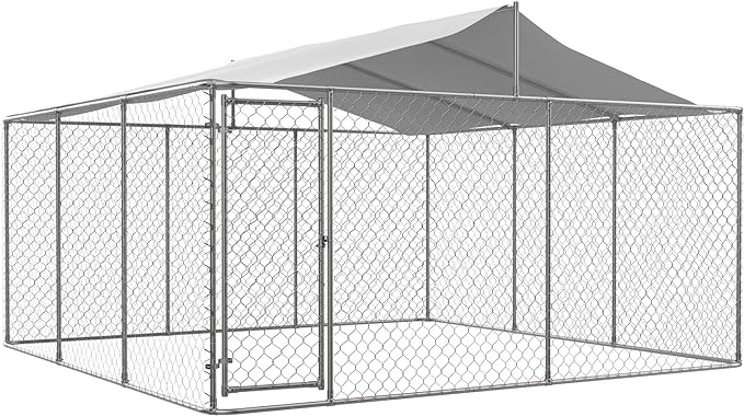 Outdoor Dog Enclosure Heavy Duty Dog Kennel House Mesh Outside Galvanized Chain Link Dog Run with Roof,Dog Cage Large Dogs Dog Pen Pet Kennel W/Waterproof Anti-UV Cover&Secure Lock for Large Dog