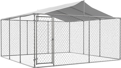 Outdoor Dog Enclosure Heavy Duty Dog Kennel House Mesh Outside Galvanized Chain Link Dog Run with Roof,Dog Cage Large Dogs Dog Pen Pet Kennel W/Waterproof Anti-UV Cover&Secure Lock for Large Dog