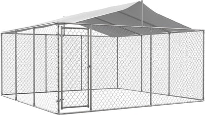 Outdoor Dog Enclosure Heavy Duty Dog Kennel House Mesh Outside Galvanized Chain Link Dog Run with Roof,Dog Cage Large Dogs Dog Pen Pet Kennel W/Waterproof Anti-UV Cover&Secure Lock for Large Dog