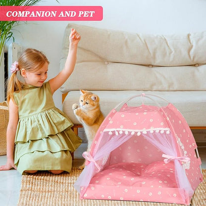 Gigreinc Cat Princess Indoor Tent House Pet Dog Cute Floral Cave Nest Bed Portable Dog Tents (M:38x38x36cm/15x15x14inch, Daisy Pink)