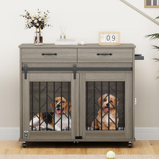 YITAHOME Dog Crate Furniture with Sliding Barn Door, 39" Wooden Dog Kennel Indoor with Storage Drawers, Double Dog Crate for 2 Small Medium Dogs, Grey
