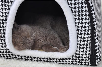 Cat Bed or Dog Bed,2 Ways to Use,Indoor Pet House with Fluffy Mat,Removable and Washable Cover,Non-Slip Bottom,for Cats and Small Dogs(S Black Cranes)