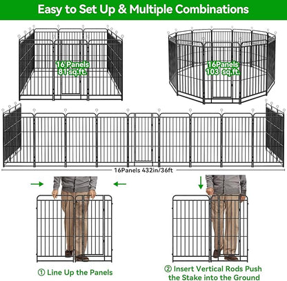 Dog Playpen Outdoor 16 Panels Heavy Duty Dog Fence 40" Height with Thick Pipe Anti-Rust with Doors Portable for RV Camping Yard, Total 36FT, 103 Sq.ft, Snowy Black