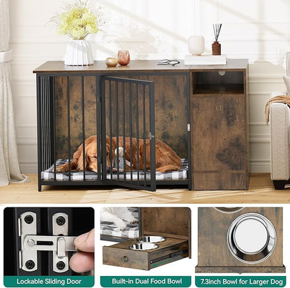 YITAHOME Dog Crate Furniture with Feeder Bowls, 55" Large Breed Dog Kennel with Storage Drawer, Heavy Duty Dog House TV Stand Indoor for Medium Dogs, Brown