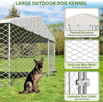 10x10 ft Dog Kennel Outdoor - Outside Dog Kennel with Roof, Large Outdoor Kennel with Rotating Feeder Bowls, Covered Dog Run Kennel for Large Dogs