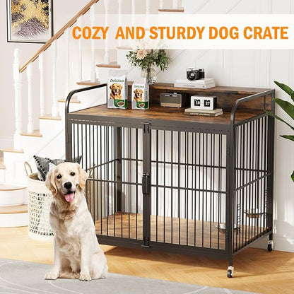39.8 Inch Dog Crate Furniture, Dog Crate with Adjustable Height Feeder, Designed for Small Dogs, Featuring 360-Degree Swivel Wheels for Easy Movement, Rustic Brown Finish