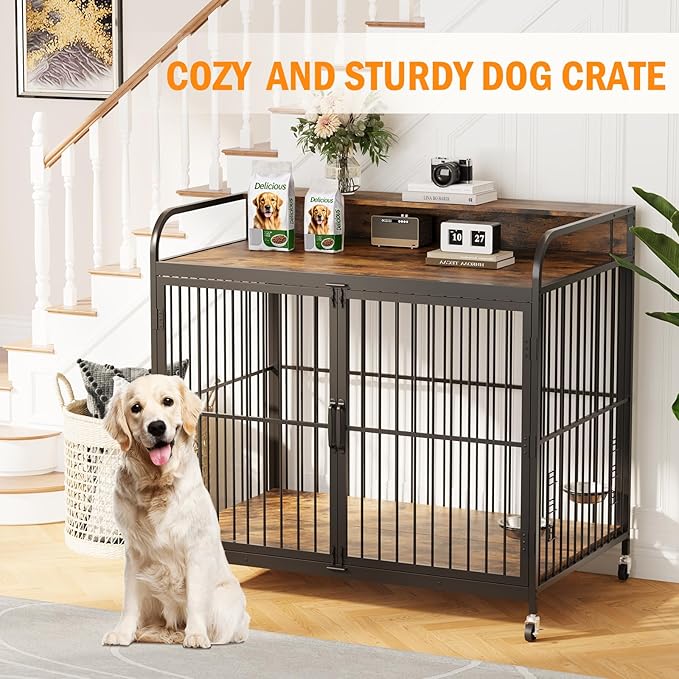 32 Inch Dog Crate Furniture, Dog Crate with Adjustable Height Feeder, Designed for Small Dogs, Featuring 360-Degree Swivel Wheels for Easy Movement, Rustic Brown Finish