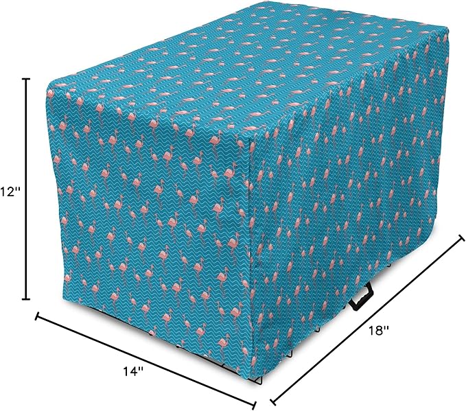 Lunarable Flamingo Dog Crate Cover, Tropical Romance Birds on Wavy Horizontal Stripes Hawaiian Love Doodle, Easy to Use Pet Kennel Cover for Small Dogs Puppies Kittens, 18 Inch, Azure Blue and Coral