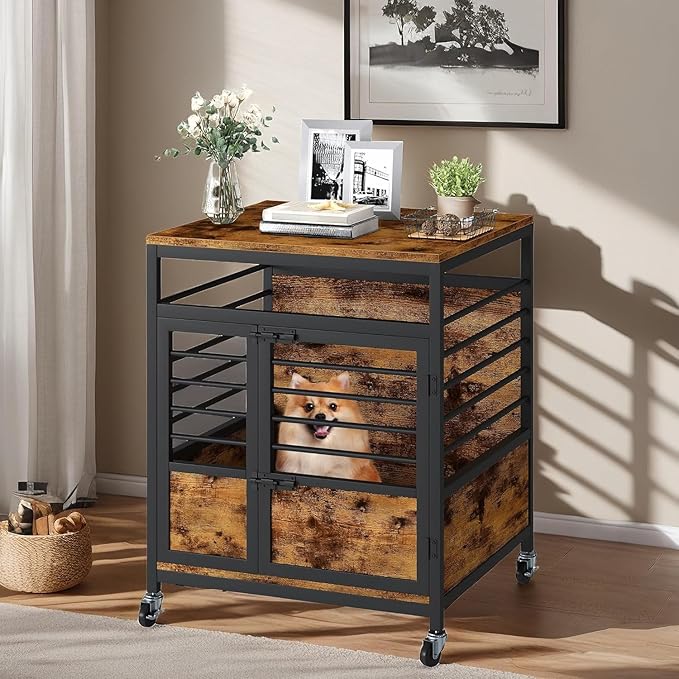 YITAHOME 24" Dog Crate Furniture with Wheels, Farmhouse Decorative Wood Dog Cage End Table Chew-Resistant Wooden Dog Kennel Indoor for Small Dogs, Rustic Brown