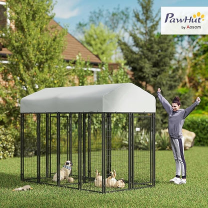 PawHut Outdoor Dog Kennel with 2 Rooms, 8' x 4' x 6' Heavy Duty Welded Wire Dog Playpen Enclosure with Escape-Proof Lock, UV-Resistant & Waterproof Cover, for Large Dogs, Silver