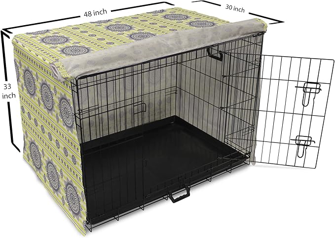 Lunarable Bohemian Mandala Dog Crate Cover, Floral Sun Motif on Brush Drawn Stripes with Dots, Easy to Use Pet Kennel Cover for Medium Large Dogs, 48 Inch, Night Blue Yellow