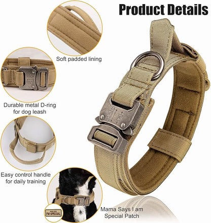 KCUCOP Tactical Dog Collar with Handle,Adjustable Military Dog Collar with Metal Buckle and Patches,Heavy Duty Dog Collars for Medium Dogs (Brown-M)