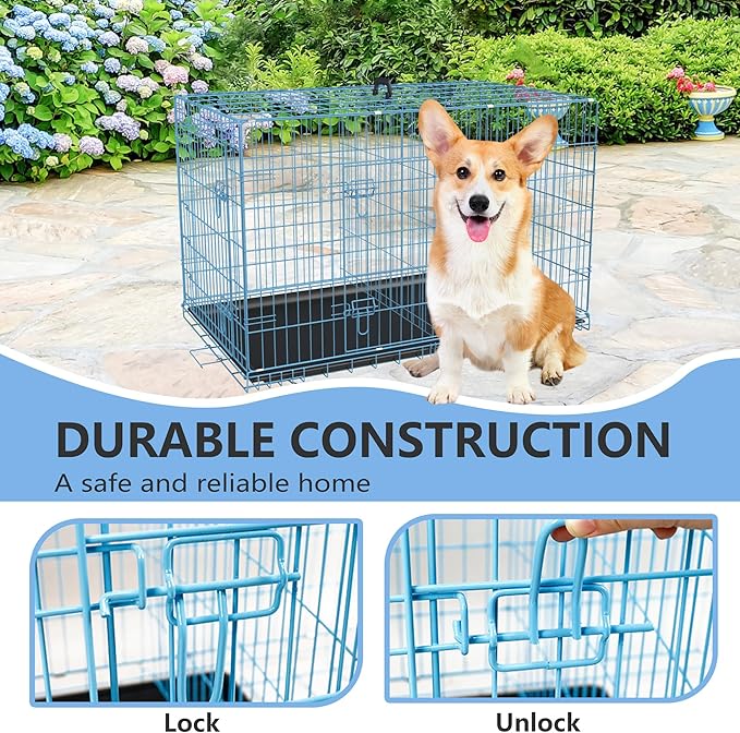 FDW 30 inch Dog Crate Dog Kennel Cage with Double Door Folding Metal Wire Dog Cage with Removable Tray&Divider Panel,Pet Crate for Medium Dogs,Blue