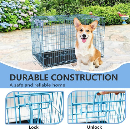 FDW 30 inch Dog Crate Dog Kennel Cage with Double Door Folding Metal Wire Dog Cage with Removable Tray&Divider Panel,Pet Crate for Medium Dogs,Blue